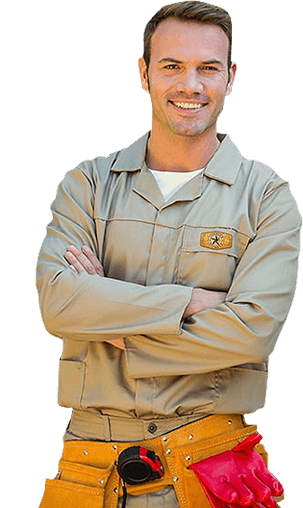 smiling middle age man with brown hair wearing toolbelt