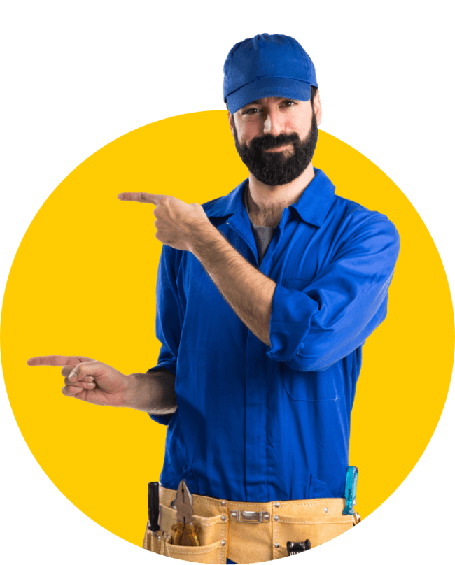 service technician wearing blue shirt and hat with toolbelt standing in front of yellow background
