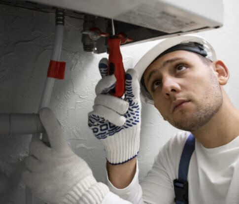plumber wearing white hard hat and gloves holding tool repairing furnace