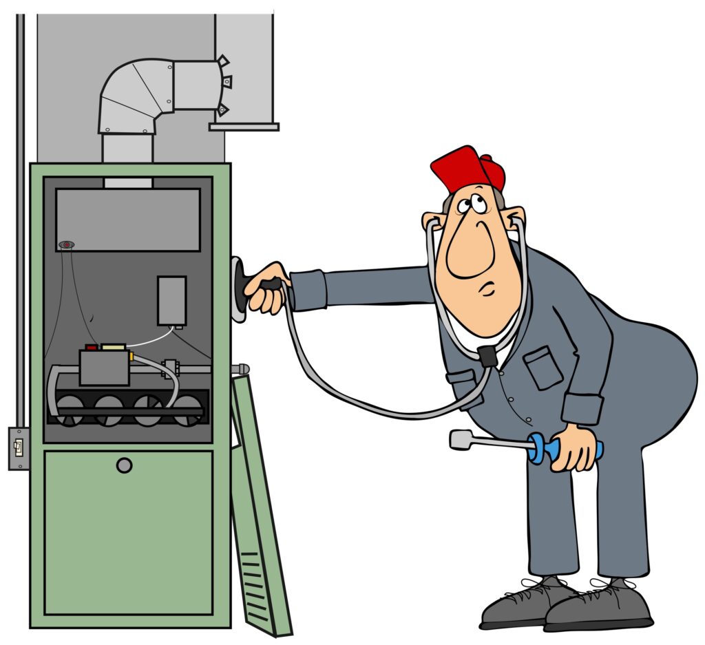 cartoon image of hvac technician holding stethoscope to furnace